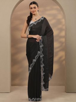 Libas - Embellished Silk Blend Black Saree with Unstitched Blouse