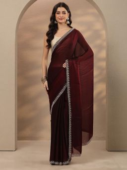 Libas - Embellished Silk Blend Maroon Saree with Unstitched Blouse