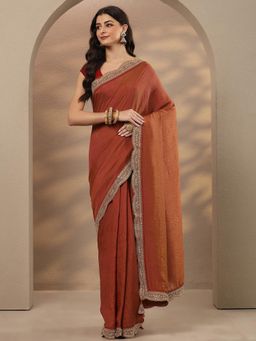 Libas - Embellished Silk Blend Rust Saree with Unstitched Blouse