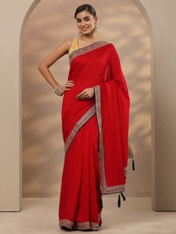 Libas - Embellished Silk Blend Red Saree with Unstitched Blouse