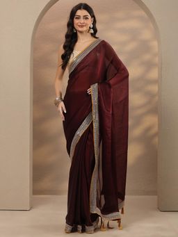 Libas - Embellished Silk Blend Burgundy Saree with Unstitched Blouse