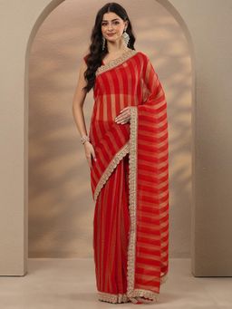 Libas - Silk Blend Red Saree with Unstitched Blouse