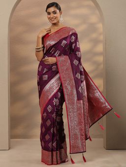 Libas - Woven Design Silk Blend Wine Saree with Unstitched Blouse
