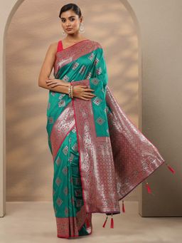 Libas - Woven Design Silk Blend Green Saree with Unstitched Blouse
