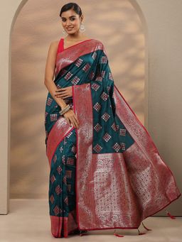 Libas - Woven Design Silk Blend Teal Saree with Unstitched Blouse