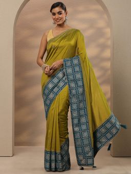 Libas - Embellished Silk Blend Green Saree with Unstitched Blouse