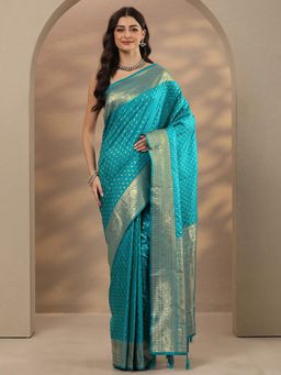 Libas - Ethnic Motifs Silk Blend Blue Saree with Unstitched Blouse