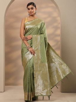 Libas - Ethnic Motifs Silk Blend Green Saree with Unstitched Blouse