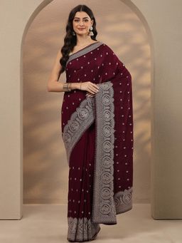 Libas - Embroidered Georgette Maroon Saree with Unstitched Blouse