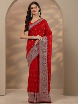 Libas - Embroidered Georgette Red Saree with Unstitched Blouse