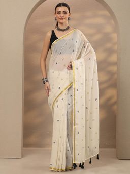 Libas - Off White Cotton Blend Saree with Unstitched Blouse