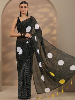 Libas - Black Printed Georgette Saree with Unstitched Blouse