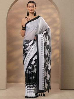 Libas - Black Printed Satin Saree with Unstitched Blouse