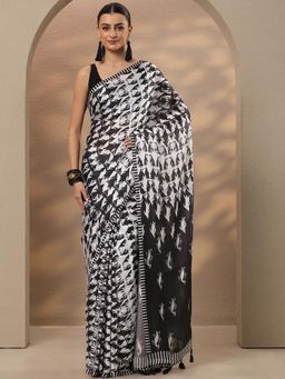 Libas - Black Printed Satin Saree with Unstitched Blouse