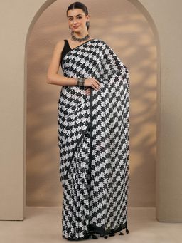 Libas - Black Printed Satin Saree with Unstitched Blouse