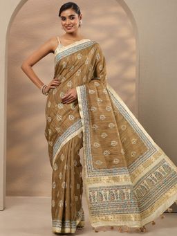 Libas - Brown Printed Silk Blend Saree with Unstitched Blouse
