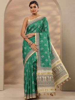 Libas - Green Printed Silk Blend Saree with Unstitched Blouse