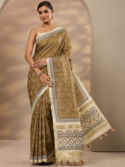 Libas - Brown Printed Silk Blend Saree with Unstitched Blouse