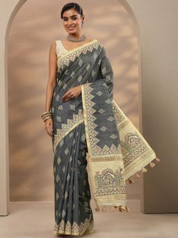 Libas - Grey Printed Silk Blend Saree with Unstitched Blouse