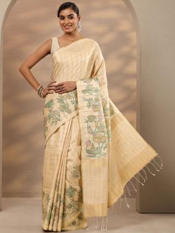 Libas - Beige Floral Silk Blend Saree with Unstitched Blouse