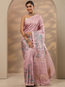Libas - Pink Floral Silk Blend Saree with Unstitched Blouse
