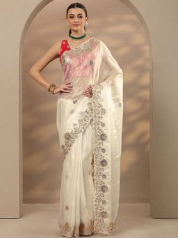 Libas - Embroidered Silk Blend Cream Saree with Unstitched Blouse