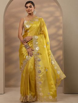 Libas - Embroidered Silk Blend Yellow Saree with Unstitched Blouse