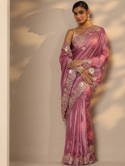 Libas - Embroidered Silk Blend Pink Saree with Unstitched Blouse