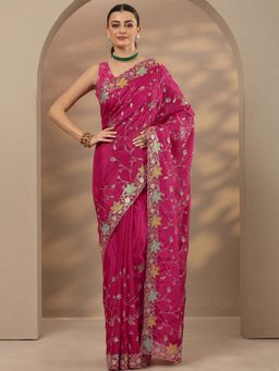 Libas - Embroidered Silk Blend Pink Saree with Unstitched Blouse