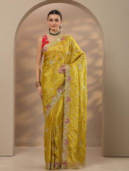 Libas - Embroidered Silk Blend Yellow Saree with Unstitched Blouse