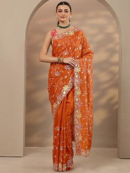 Libas - Embroidered Silk Blend Orange Saree with Unstitched Blouse