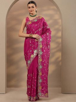 Libas - Embroidered Silk Blend Pink Saree with Unstitched Blouse