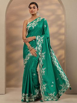 Libas - Embroidered Silk Blend Green Saree with Unstitched Blouse