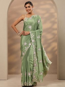 Libas - Embroidered Silk Blend Green Saree with Unstitched Blouse