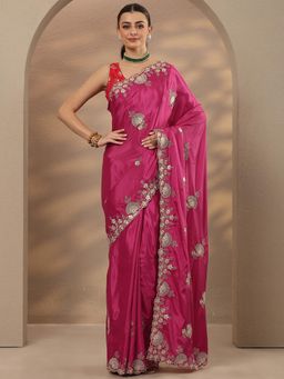 Libas - Embroidered Silk Blend Pink Saree with Unstitched Blouse