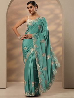 Libas - Embroidered Silk Blend Green Saree with Unstitched Blouse
