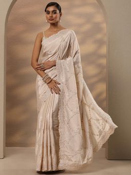 Libas - Embroidered Silk Blend Cream Saree with Unstitched Blouse
