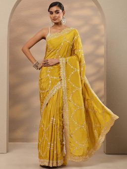 Libas - Embroidered Silk Blend Mustard Saree with Unstitched Blouse