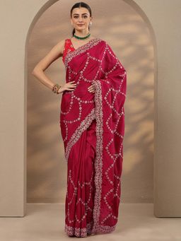Libas - Embroidered Silk Blend Red Saree with Unstitched Blouse
