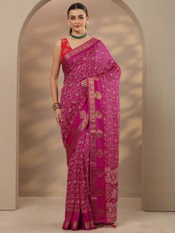 Libas - Printed Silk Blend Pink Saree with Unstitched Blouse
