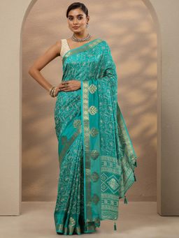 Libas - Printed Silk Blend Blue Saree with Unstitched Blouse