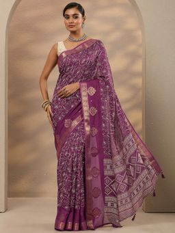 Libas - Printed Silk Blend Purple Saree with Unstitched Blouse
