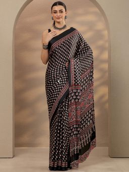Libas - Black Printed Satin Saree with Unstitched Blouse