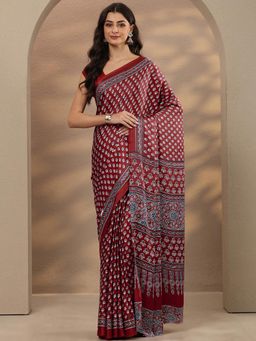 Libas - Maroon Printed Satin Saree with Unstitched Blouse