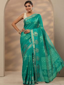 Libas - Floral Print Silk Blend Green Saree with Unstitched Blouse