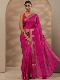 Libas - Floral Print Silk Blend Pink Saree with Unstitched Blouse