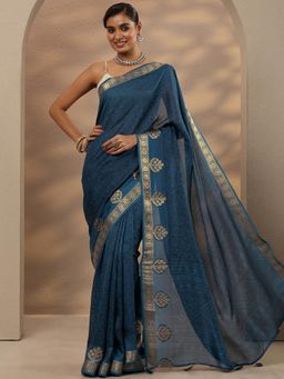 Libas - Floral Print Silk Blend Blue Saree with Unstitched Blouse