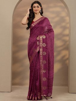 Libas - Floral Print Silk Blend Burgundy Saree with Unstitched Blouse