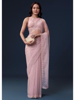 KALKI FASHION - Pink Organza Sequin Embroidered Saree with Unstitched Blouse
