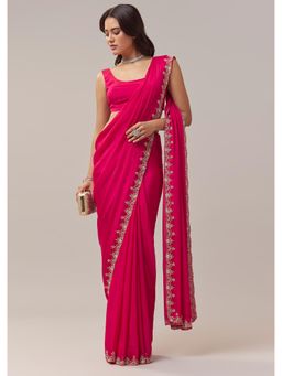 KALKI FASHION - Hot Pink Chinon With Floral Handwork Embroidered Border Saree with Unstitched Blouse